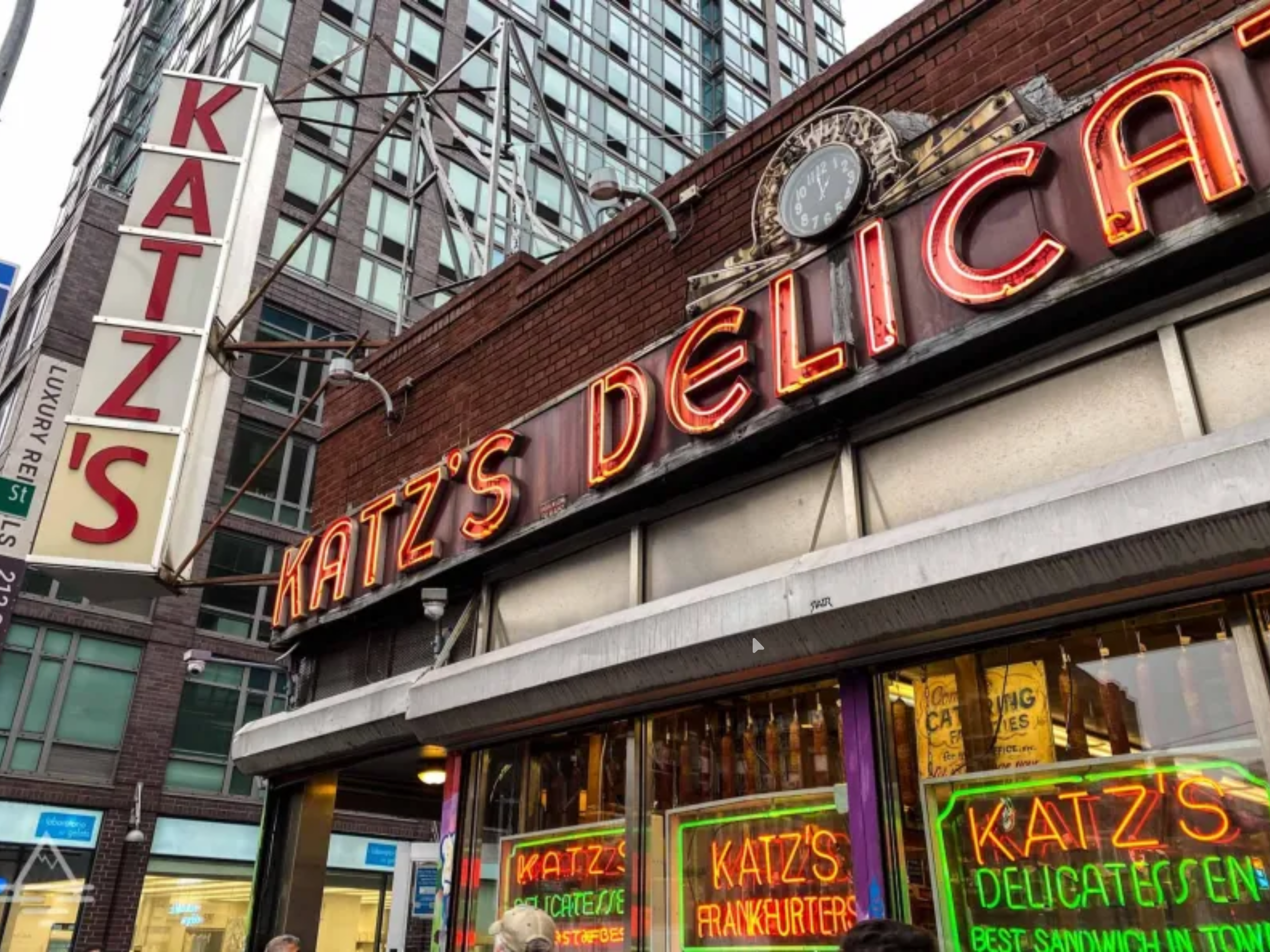 The Katz’s Delicatessen storefront and neon sign on East Houston Street